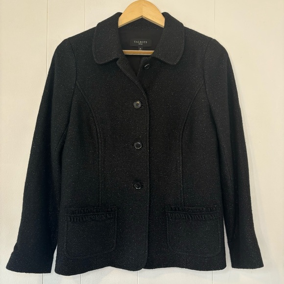 Talbots Women's Blazer Black/Metallic Jacket-Wool Blend-8 Petite-Ruffle-Warm - Picture 2 of 12